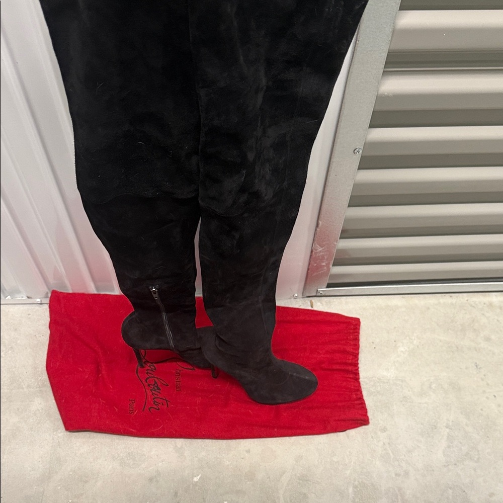 Christian Louboutin high black boots with Iconic Red Soles, runway shoes